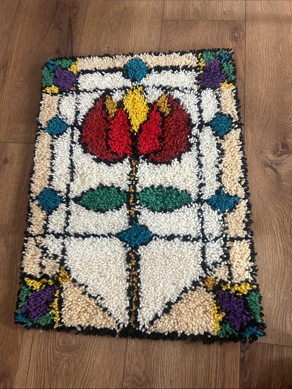 Vintage Handmade Floral Stained Glass Latch Hooked Rug - Red, Yellow & Green
